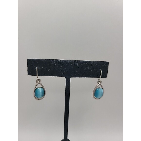 Unbranded Jewelry - Blue Cats Eye Teardrop Dangle Earrings Silver Tone Glass Stone Minimalist Boho